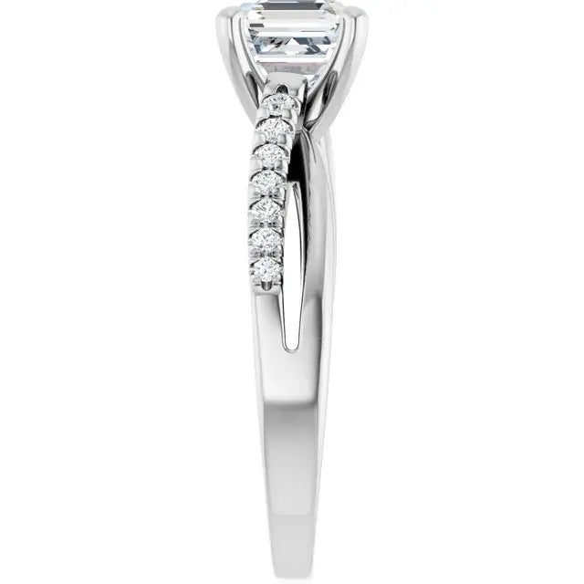 14K White Gold 1.38 CTW Asscher-Cut Accented Diamond Engagement Ring with a Split Shank Band