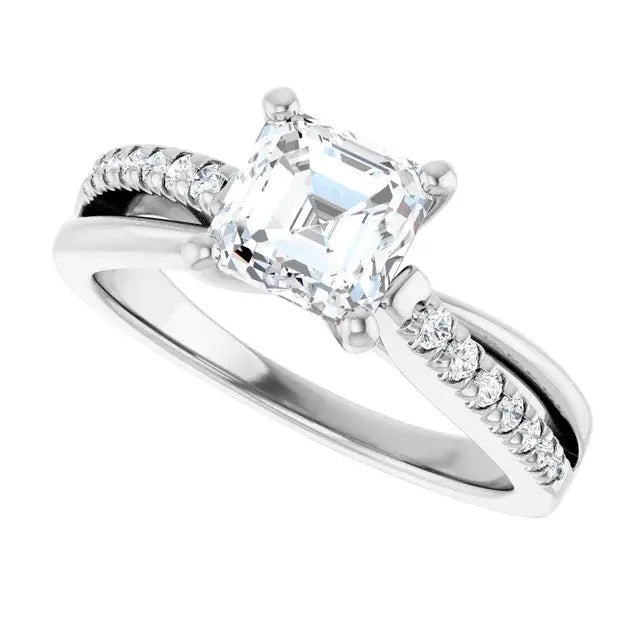 14K White Gold 1.38 CTW Asscher-Cut Accented Diamond Engagement Ring with a Split Shank Band
