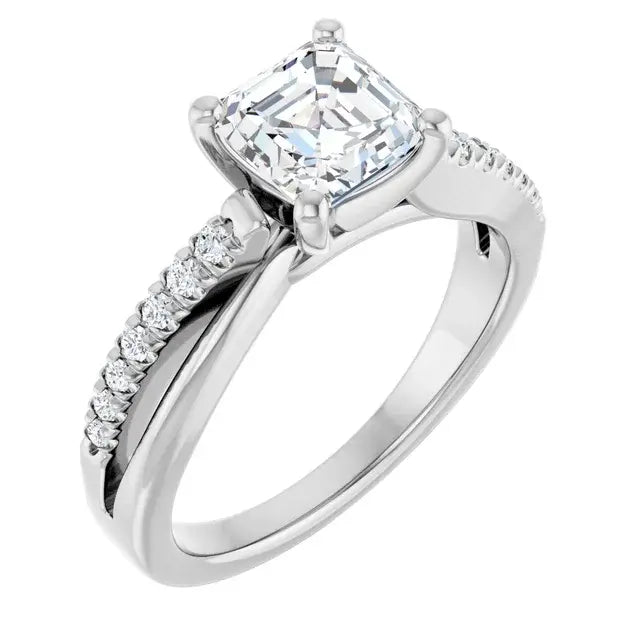 14K White Gold 1.38 CTW Asscher-Cut Accented Diamond Engagement Ring with a Split Shank Band