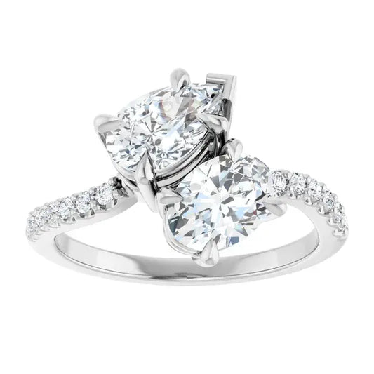 14K White Gold 1 3/4 CTW Pear-Shaped and Round Diamond Two-Stone Bypass Engagement Ring with Pavé Band