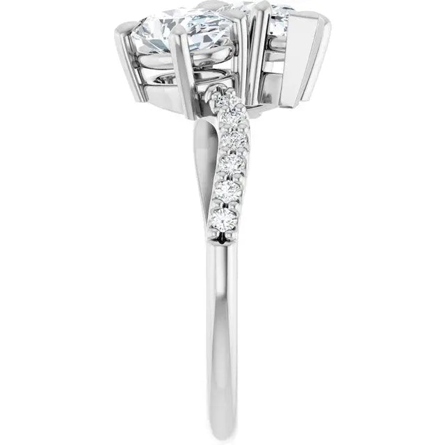 14K White Gold 1 3/4 CTW Pear-Shaped and Round Diamond Two-Stone Bypass Engagement Ring with Pavé Band