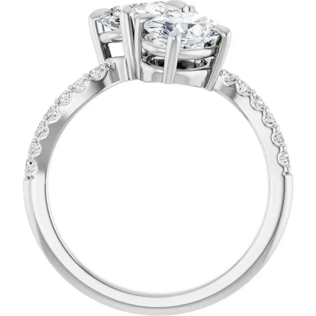 14K White Gold 1 3/4 CTW Pear-Shaped and Round Diamond Two-Stone Bypass Engagement Ring with Pavé Band
