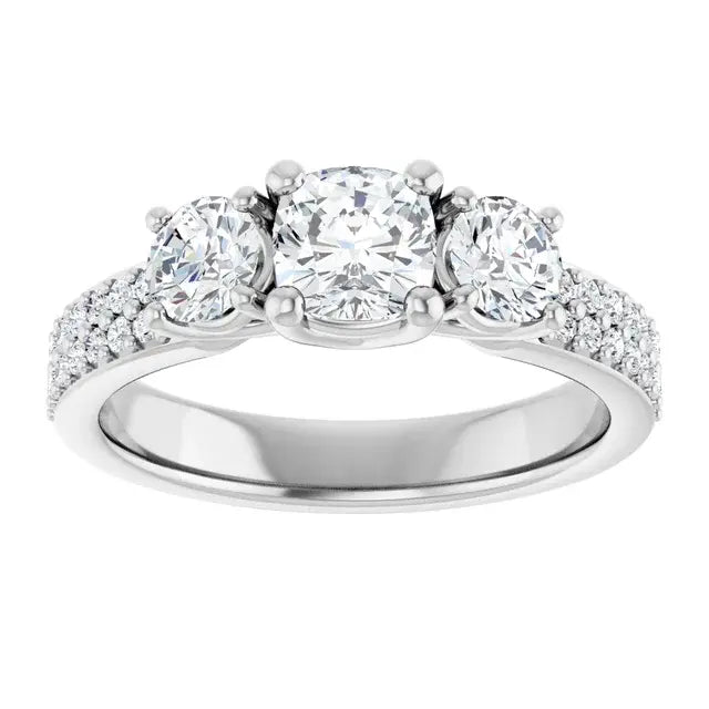 14K White Gold 1 3/8 CTW Cushion-Cut Diamond Three-Stone Engagement Ring with Pave Band