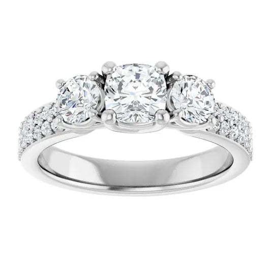 14K White Gold 1 3/8 CTW Cushion-Cut Diamond Three-Stone Engagement Ring with Pave Band