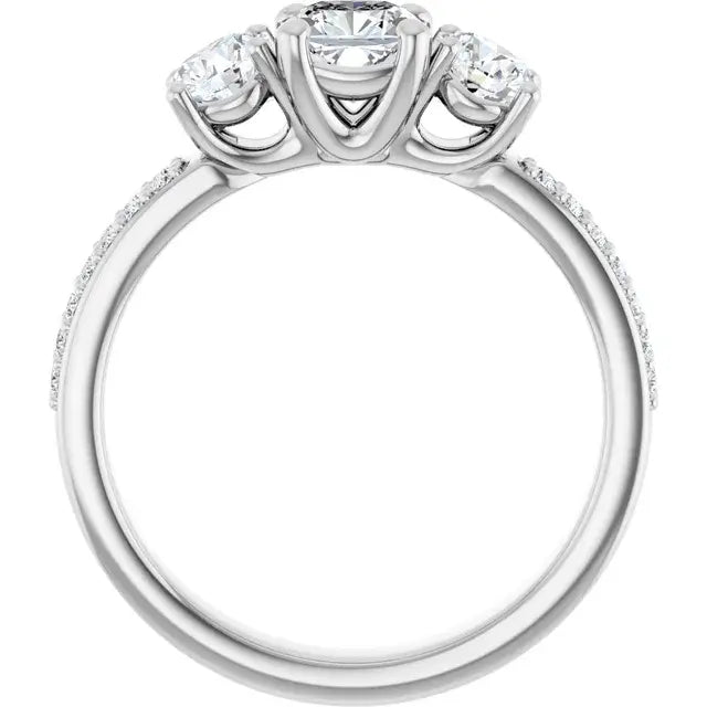 14K White Gold 1 3/8 CTW Cushion-Cut Diamond Three-Stone Engagement Ring with Pave Band