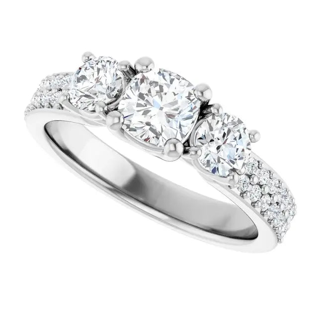 14K White Gold 1 3/8 CTW Cushion-Cut Diamond Three-Stone Engagement Ring with Pave Band