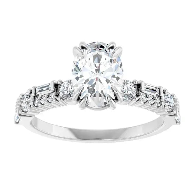 14K White Gold 1 3/8 CTW Oval-Cut Diamond Engagement Ring with Baguette and Round Accent Diamonds