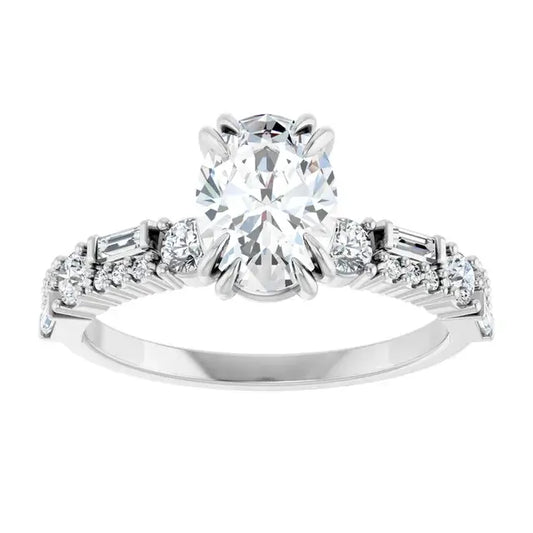 14K White Gold 1 3/8 CTW Oval-Cut Diamond Engagement Ring with Baguette and Round Accent Diamonds