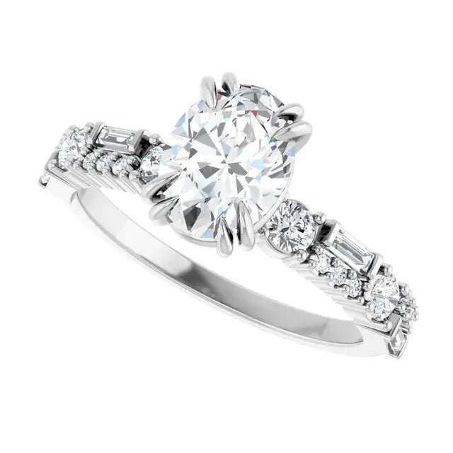 14K White Gold 1 3/8 CTW Oval-Cut Diamond Engagement Ring with Baguette and Round Accent Diamonds
