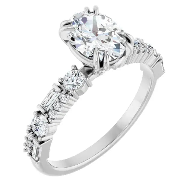 14K White Gold 1 3/8 CTW Oval-Cut Diamond Engagement Ring with Baguette and Round Accent Diamonds