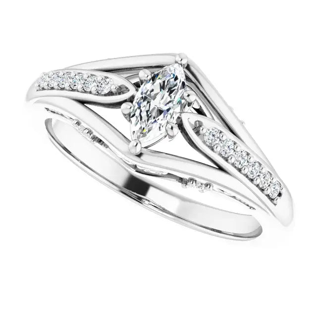14K White Gold 1/3 CTW Marquise Cut Diamond Engagement Ring with Split Double Shank and Pavé Accents