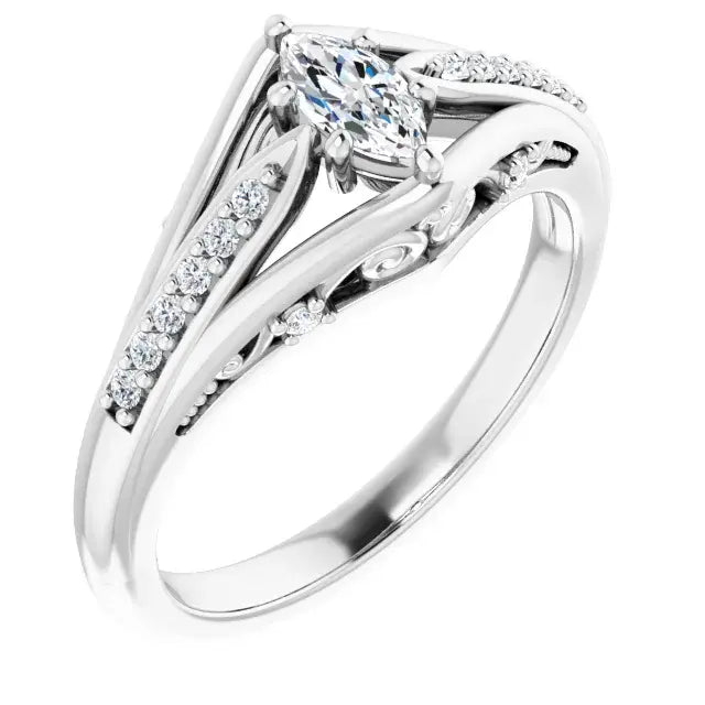 14K White Gold 1/3 CTW Marquise Cut Diamond Engagement Ring with Split Double Shank and Pavé Accents