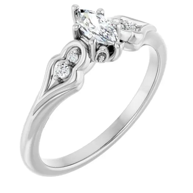 14K White Gold 1/3 CTW Marquise Cut Diamond Engagement Ring with Vintage-Inspired Scroll Accents