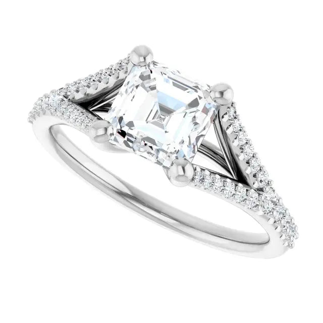 14K White Gold 1.54 CTW Asscher-Cut Diamond Engagement Ring with a Split Shank Cathedral Setting