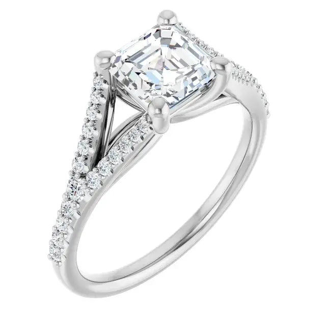 14K White Gold 1.54 CTW Asscher-Cut Diamond Engagement Ring with a Split Shank Cathedral Setting