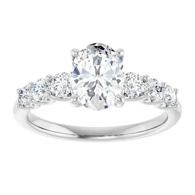 14K White Gold 1.57 CTW Oval-Cut Diamond Engagement Ring with Three-Stone Pavé Setting-