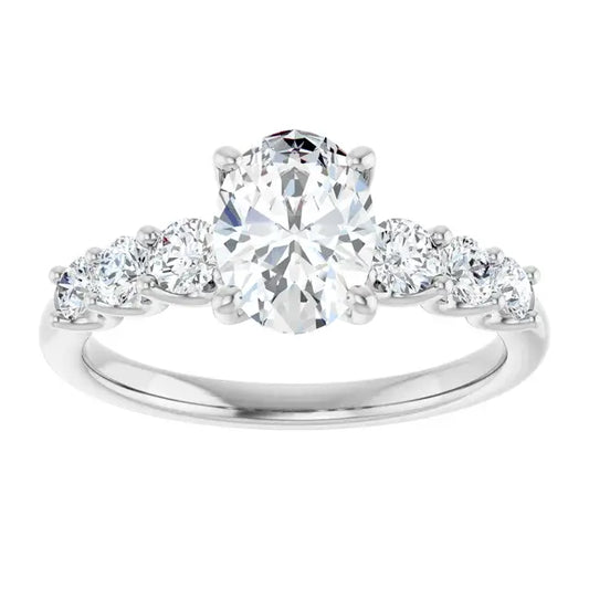 14K White Gold 1.57 CTW Oval-Cut Diamond Engagement Ring with Three-Stone Pavé Setting-