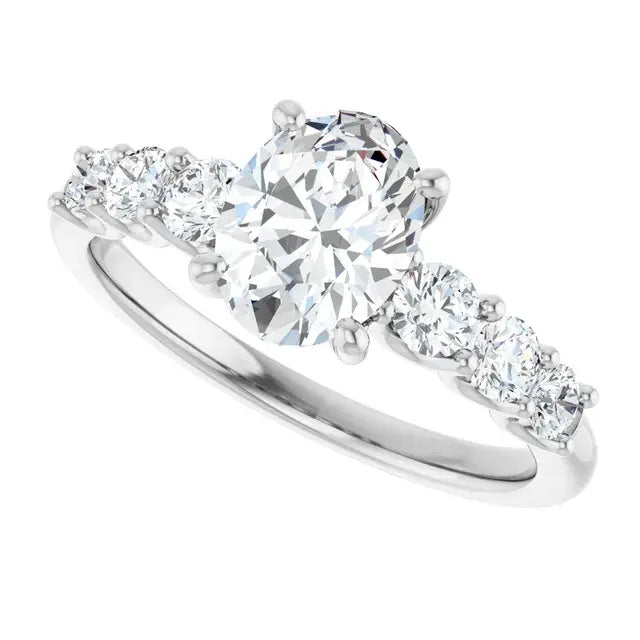 14K White Gold 1.57 CTW Oval-Cut Diamond Engagement Ring with Three-Stone Pavé Setting-