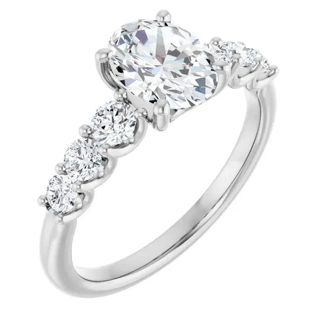 14K White Gold 1.57 CTW Oval-Cut Diamond Engagement Ring with Three-Stone Pavé Setting-