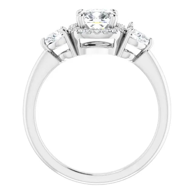 14K White Gold 1 5/8 CTW Cushion-Cut Diamond Three-Stone Engagement Ring with Halo and Pear Accents