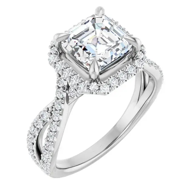 14K White Gold 1.74 CTW Asscher Halo Criss-Cross Lab Grown Diamond Engagement Ring