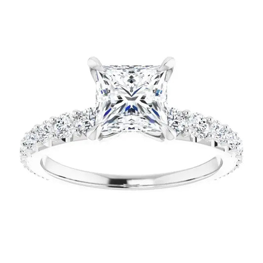 14K White Gold 1.75 CTW Princess-Cut Lab Grown Diamond Engagement Ring with Solitaire and Pavé Band