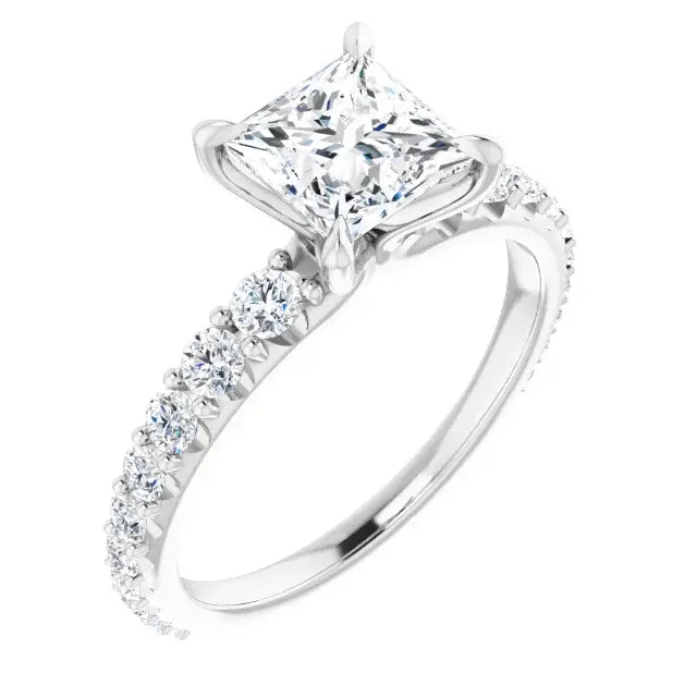 14K White Gold 1.75 CTW Princess-Cut Lab Grown Diamond Engagement Ring with Solitaire and Pavé Band