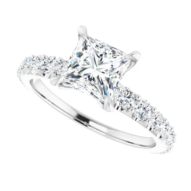 14K White Gold 1.75 CTW Princess-Cut Lab Grown Diamond Engagement Ring with Solitaire and Pavé Band