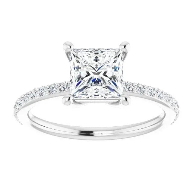 14K White Gold 1.91 CTW Princess-Cut Lab Grown Diamond Engagement Ring with Solitaire and Pavé Band