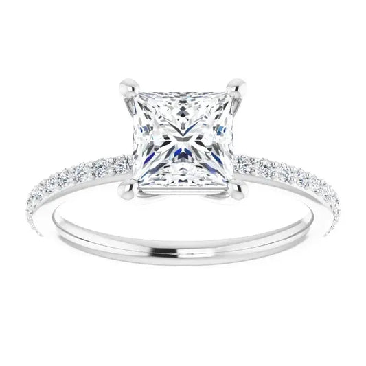 14K White Gold 1.91 CTW Princess-Cut Lab Grown Diamond Engagement Ring with Solitaire and Pavé Band