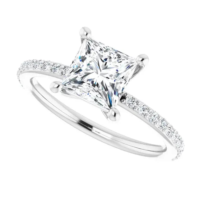 14K White Gold 1.91 CTW Princess-Cut Lab Grown Diamond Engagement Ring with Solitaire and Pavé Band
