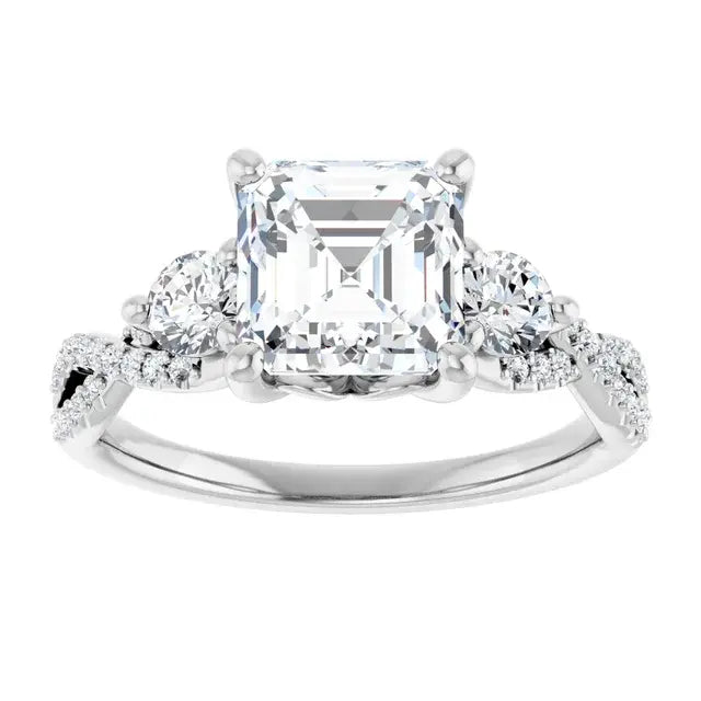 14K White Gold 1.94 CTW Asscher-Cut Lab Grown Diamond Three Stone Engagement Ring with Pavé Band