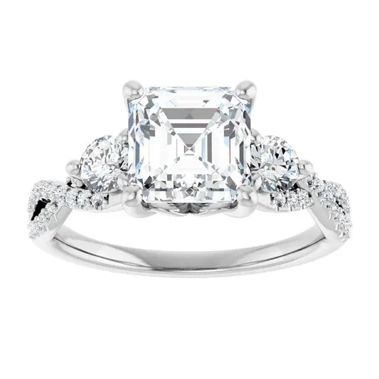 14K White Gold 1.94 CTW Asscher-Cut Lab Grown Diamond Three Stone Engagement Ring with Pavé Band