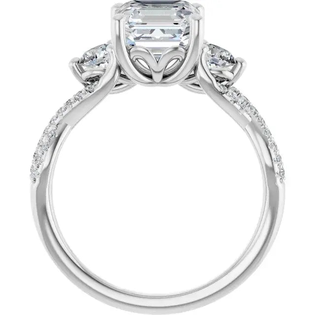 14K White Gold 1.94 CTW Asscher-Cut Lab Grown Diamond Three Stone Engagement Ring with Pavé Band