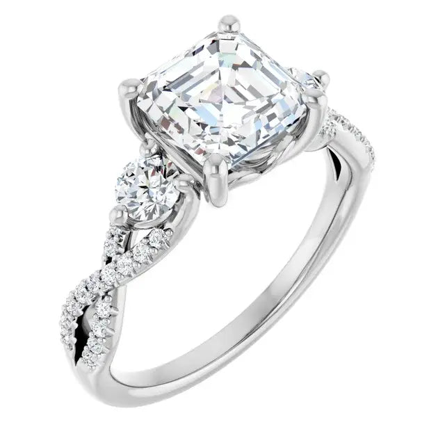 14K White Gold 1.94 CTW Asscher-Cut Lab Grown Diamond Three Stone Engagement Ring with Pavé Band
