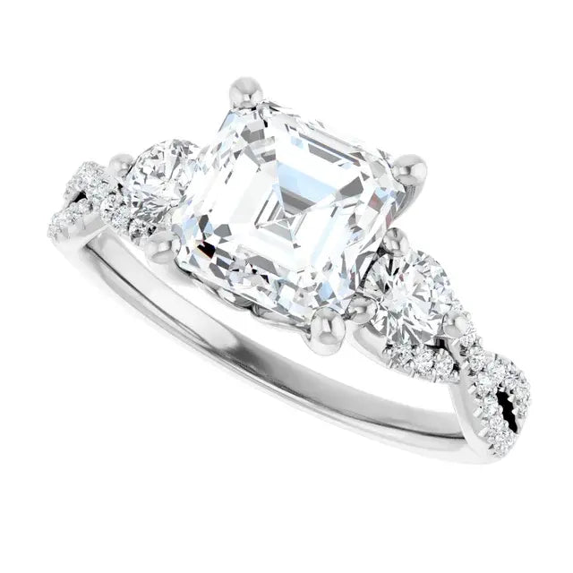 14K White Gold 1.94 CTW Asscher-Cut Lab Grown Diamond Three Stone Engagement Ring with Pavé Band