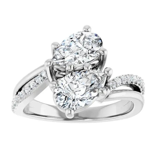 14K White Gold 1 9/10 CTW Pear-Shaped Two-Stone Diamond Bypass Engagement Ring with Pavé Accents