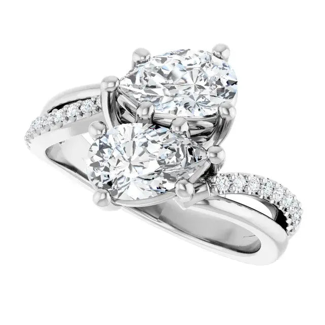14K White Gold 1 9/10 CTW Pear-Shaped Two-Stone Diamond Bypass Engagement Ring with Pavé Accents