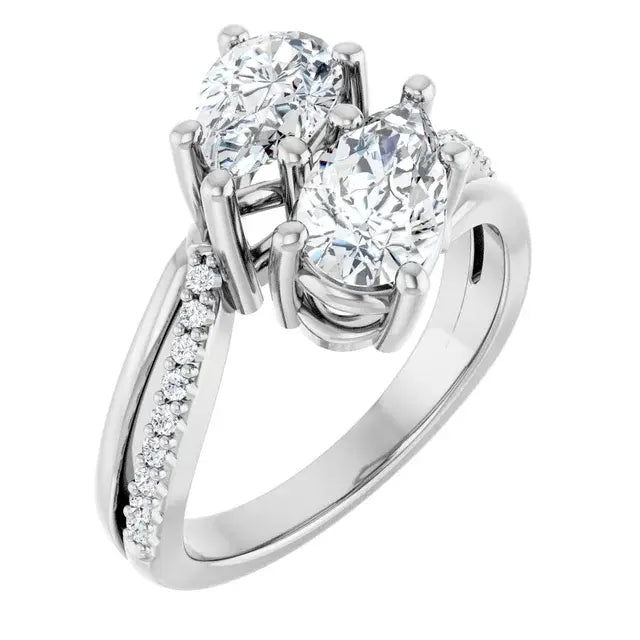 14K White Gold 1 9/10 CTW Pear-Shaped Two-Stone Diamond Bypass Engagement Ring with Pavé Accents