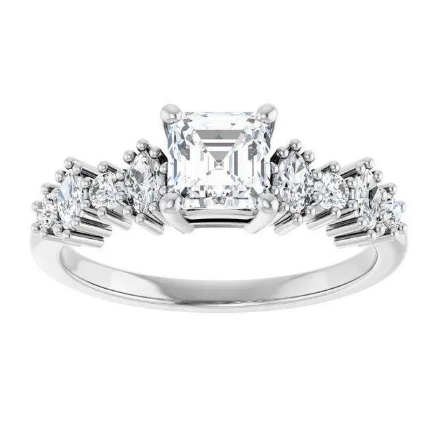 14K White Gold 1 CTW Asscher-Cut Diamond Engagement Ring with Graduated Round Accents