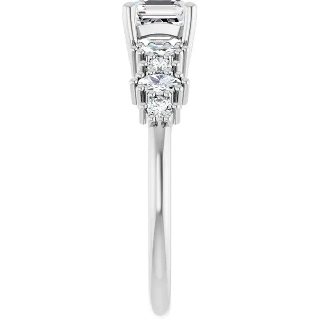 14K White Gold 1 CTW Asscher-Cut Diamond Engagement Ring with Graduated Round Accents