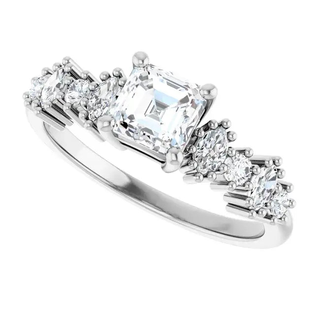 14K White Gold 1 CTW Asscher-Cut Diamond Engagement Ring with Graduated Round Accents