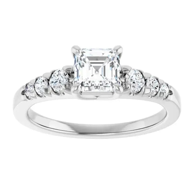 14K White Gold 1 CTW Asscher-Cut Diamond Engagement Ring with Graduated Round Side Stones