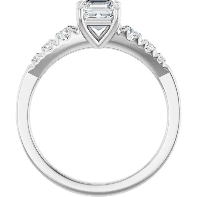 14K White Gold 1 CTW Asscher-Cut Diamond Engagement Ring with Graduated Round Side Stones