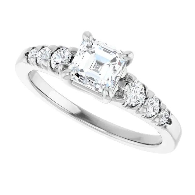 14K White Gold 1 CTW Asscher-Cut Diamond Engagement Ring with Graduated Round Side Stones