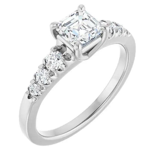 14K White Gold 1 CTW Asscher-Cut Diamond Engagement Ring with Graduated Round Side Stones