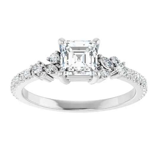 14K White Gold 1 CTW Asscher-Cut Diamond Engagement Ring with Marquise and Round Pave Accents