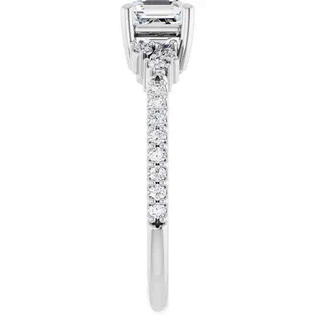 14K White Gold 1 CTW Asscher-Cut Diamond Engagement Ring with Marquise and Round Pave Accents