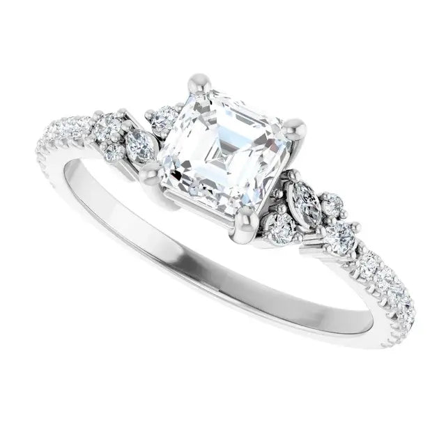 14K White Gold 1 CTW Asscher-Cut Diamond Engagement Ring with Marquise and Round Pave Accents