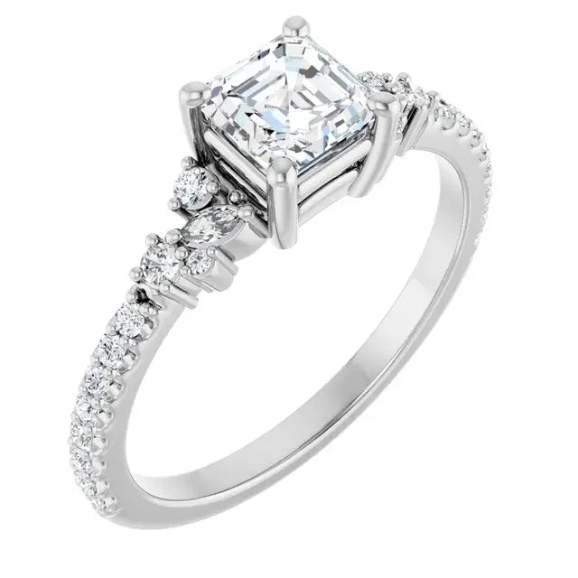 14K White Gold 1 CTW Asscher-Cut Diamond Engagement Ring with Marquise and Round Pave Accents